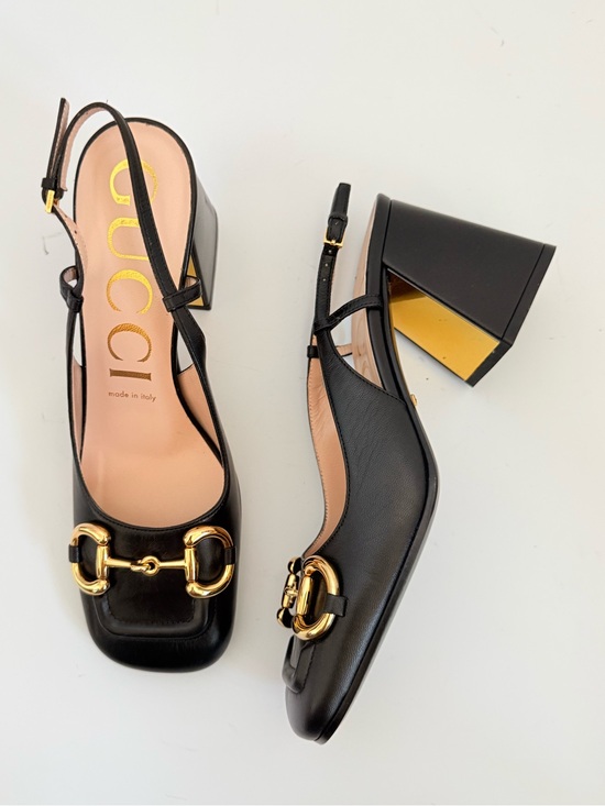Gucci Shoes - Gucci Malaga kid Horsebit 75mm Black Leather Slingback Pumps Gold Block Heel 38